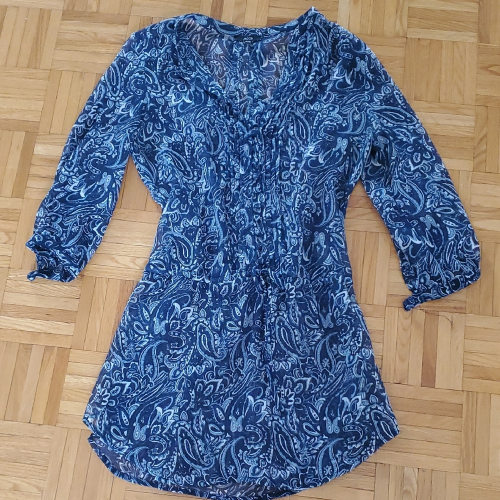 Jacob Blue Paisley Sheer V-Neck Tunic Beach Bikini Cover up Dress XS